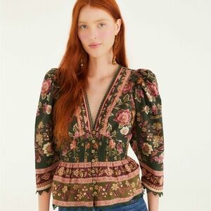 FARM Rio Floral Blouse - Green and Pink Elegance
